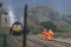 Workers at the scene of a derailed diesel-carrying train nea
