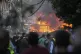 Flames rise from a metal tent that was hit by an Israeli airstrike on Dahiyeh in the southern suburb of Beirut, Lebanon, Sunday, April 27, 2025