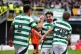 Celtic's Nicolas Kuhn celebrates scoring their side's third goal of the game during the William Hill Premiership match at Tannadice Park, Dundee, April 26, 2025