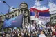 University students and people protest in front of the government building, six months after the deadly train station tragedy that sparked mass demonstrations against corruption, in Belgrade, Serbia, Thursday, May 1, 2025