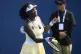 Venus Williams hits a ball toward the crowd after a doubles match with Hailey Baptiste against Eugenie Bouchard and Clervie Ngounoue at the Citi Open tennis tournament, July 21, 2025, in Washington