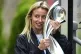 England's Leah Williamson with the Women's Euro 2025 trophy as she leaves the team hotel in Zurich, Switzerland, July 28, 2025