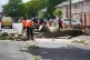Workers cut up a tree which was felled by the wind on Plessey Road in Blyth, Northumberland, August 4, 2025
