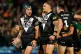 New Zealand's Jahrome Hughes (left) celebrates scoring their side's first try of the game with team-mates during the Rugby League World Cup semi-final match at Elland Road, Leeds, November 11, 2022