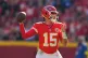 Kansas City Chiefs quarterback Patrick Mahomes (15) throws against the Indianapolis Colts during the first half of an NFL football game Sunday, Nov. 23, 2025, in Kansas City, Mo.