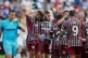 Fluminense players cooling up during a water break at the Club World Cup quarterfinal soccer match between Fluminense and Al Hilal in Orlando, Fla., Friday, July 4, 2025