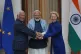 Indian Prime Minister Narendra Modi (centre) welcomes European Council President Antonio Costa (left)and European Commission President Ursula von der Leyen before their meeting in New Delhi, India, January 27,2026