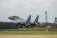 An F-15E Strike Eagle of the United States Air Force's (USAF) 48th Fighter Wing, stationed at RAF Lakenheath in Suffolk, lands at RAF Coningsby in Lincolnshire, September 30, 2020