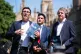 (left to right) Andy Burnham, Mayor of Greater Manchester, Huw Merriman, Chair of the Liverpool-Manchester Railway Partnership Board and Steve Rotheram, Mayor of the Liverpool City Region, speak to the media on College Green in Westminster, London, May 14, 2025
