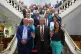 Reform UK leader Nigel Farage with councillor Brian Collins (left), the Head of Kent County Council, Linden Kemkaran (right) and members of Kent County Council, at Kent County Council at County Hall, Maidstone, July 7, 2025