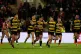 York Knights' Ata Hingano (centre) celebrates with his team mates after scoring a drop goal to give his side the lead during the Super League match at the Community Stadium, York, February 12, 2026