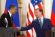 U.S. President Barack Obama (left) and his Russian counterpart Dmitry Medvedev (right) shake hands at a news conference at the Prague Castle in Prague, Czech Republic, April 8, 2010, after signing the New START treaty reducing long-range nuclear weapons