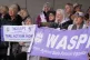 People at a Women Against State Pension Inequality (WASPI) protest outside the Scottish Parliament in Edinburgh, campaigning for justice and full compensation, April 18, 2024