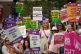 Women's rights campaigners in Westminster, London after taking part in a march from the Royal Courts of Justice calling for decriminalisation of abortion, June 17, 2023
