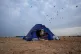 A displaced woman holding her dog sits in her tent in Beirut, Lebanon, awaiting an official order to return to her home in south Lebanon following a ceasefire between Hezbollah and Israel, April 17, 2026