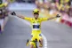 The winner of the Tour de France Femmes Pauline Ferrand-Prevot from France of team Visma - Lease a Bike celebrates as she crosses the finish line to win the 9th stage of the 4th edition in Chatel, France, August 3, 2025