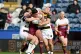 Huddersfield Giants' Chris Patolo is held up by York Knights' Jesse Dee and Will Roberts, Huddersfield, April 4, 2026
