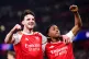 Elation: Arsenal’s Declan Rice (left) and Myles Lewis-Skelly celebrate reaching the Champions League final