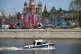 A police boat patrol the waters of the Moskva River near Red Square decorated for the celebrations of the 81st anniversary of the Soviet Union's victory over Nazi Germany, Moscow, Russia, May 7, 2026, backdropped by the St. Basil's Cathedral