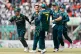 Australia's Joel Davies, centre and others celebrate the wicket of Bangladesh's Parvez Hossain Emon during the first T20 international cricket match between Australia and Bangladesh, in Chattogram, Bangladesh, June 16, 2026