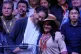 Presidential candidate Ivan Cepeda of the ruling Historic Pact coalition embraces his vice-presidential running mate, Aida Quilcue, during an election night appearance after election results showed him trailing in Bogota, Colombia, June 21, 2026
