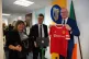 Then mayor of Greater Manchester, Andy Burnham with Ireland's then Foreign Affairs Minister Simon Coveney being presented with a signed Denis Irwin Manchester United FC shirt by Stockport Council Leader Elise Wilson in Manchester, October 1, 2021