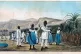 Male and female black slaves cut sugar canes in Jamaica. In 