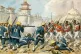 A watercolour depiction of British and Chinese soldiers faci