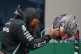 Mercedes driver Lewis Hamilton of Britain reacts after winni