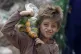 An Afghan refugee boy carries a bag of mangoes on his should