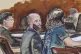 In this courtroom sketch, Joshua Schulte (centre) is seated 