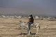 A Palestinian boy rides a donkey through dry land in the nor