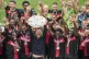 Leverkusen's head coach Xabi Alonso celebrates with the trop