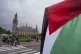 A demonstrator waves the Palestinian flag outside the Peace 