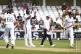West Indies Jayden Seales (centre) reacts as England's Harry