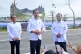 Indonesian President Joko Widodo (centre) talks to journalis