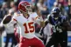 Kansas City Chiefs quarterback Patrick Mahomes (15) works in