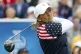 United States' Angela Stanford tees off in the singles match