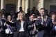French far-right leader Marine Le Pen (left) reacts with Jor