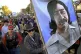 Marchers carry a large painting of jailed Leonard Peltier du