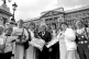 Anne Scargill (with parcel), with Betty Heathfield (centre),