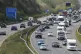 Slow moving traffic on the M3 motorway near Winchester in Ha