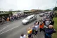 The funeral cortege passes through Featherstone town centre,
