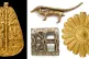 (L to R) Gold pendant; a brass weight is in the form of an a