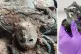 (L) Close up of one of the two mask-like human faces decorat