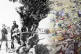 Army troops during World War One (1914-1918) and a mural of 