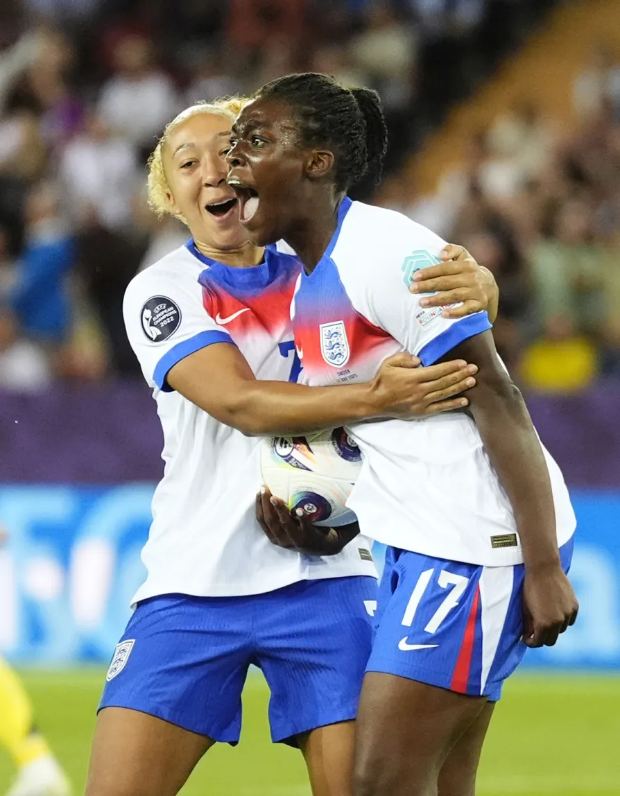 England's Michelle Agyemang (right) celebrates with Lauren James after scoring against Italy, July 22, 2025