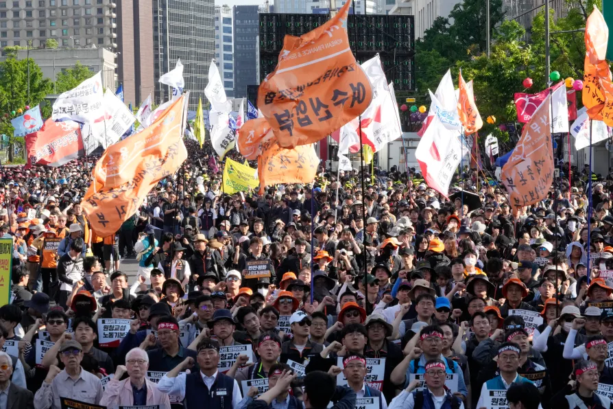 Members of the Korean Confederation of Trade Unions stage a rally on May Day in Seoul, South Korea, Friday, May 1, 2026